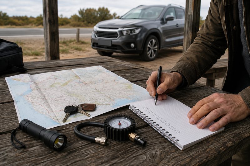 Hands organising maps and vehicle checks at a roadside table